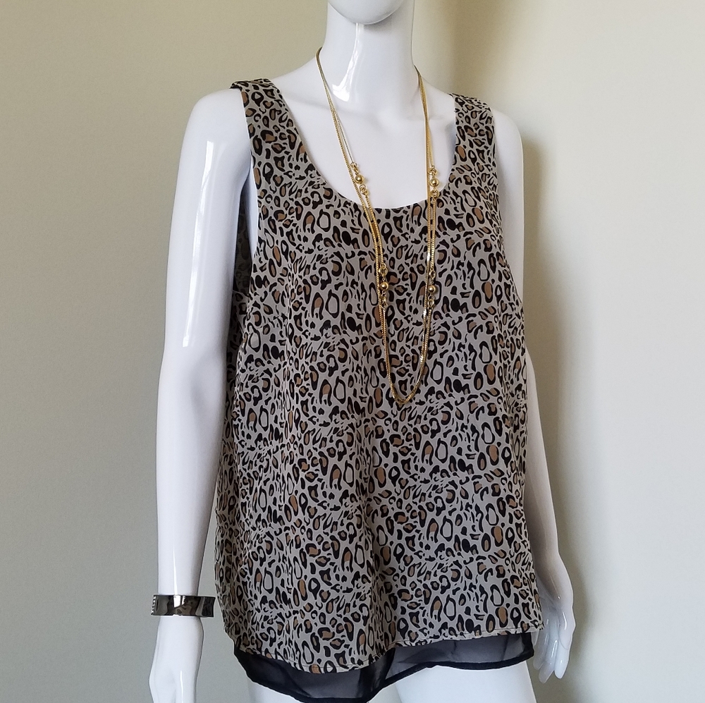 Relativity Leopard Print Sleeveless Blouse Size L Tank Top Layered Sheer Hem